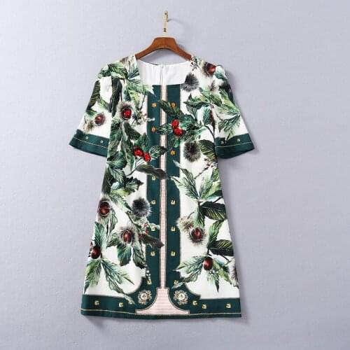 Europe and the United States womens clothing New spring 2021 Short - sleeved square neck chestnut printed bead dress