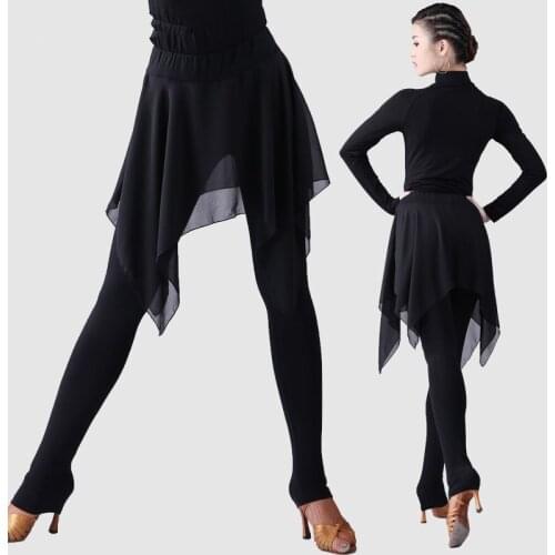Latin Dance Pants Lady Black Chiffon Skirts Tights Women Cha Cha Rumba Samba Tango Salsa Dancing Practice Wear Adults DNV11690