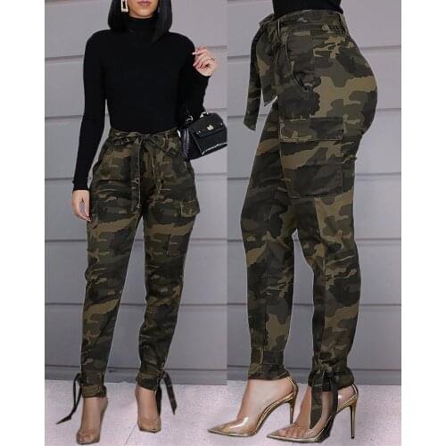 2020 Women Elegant Leisure Long Pants with belt Female Fashion Tied Camouflage Casual Pants