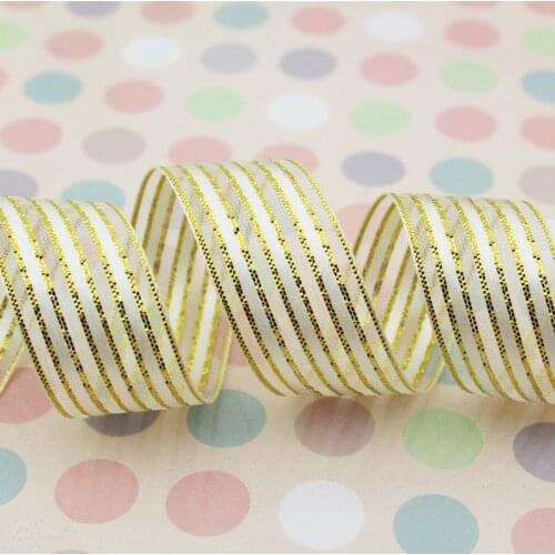25 yards/roll) 15mm White gold stripe gift packaging ribbon high quality wedding shiny ribbons