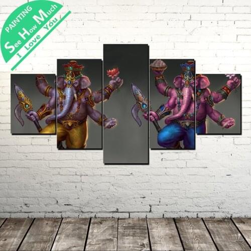5 Piece Two Ganesha smite Wall Art Canvas Poster and Print Canvas Painting Decorative Picture for Living Room Canvas Painting