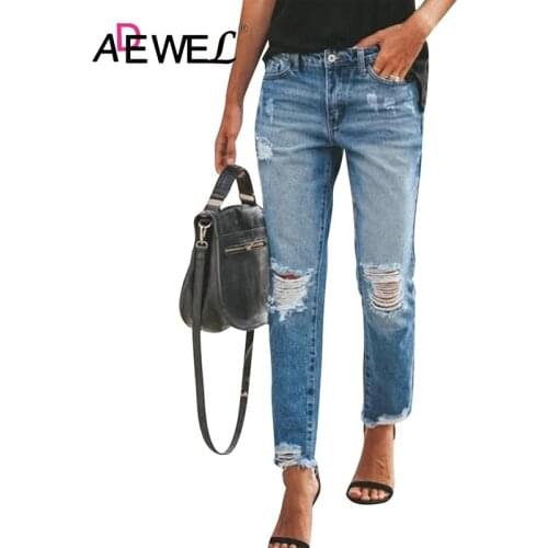 ADEWEL Hip Hop Ripped Slim Fit Washed Plus Size High Waist Woman Jeans Pantalones Vaqueros Mujer Kobieta Dżinsy Clothes 2XL