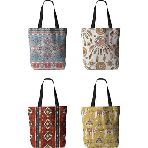 ASDS-4 PCS Bohemian Tote Bag Turkish Persian Pattern Single Shoulder Bag Ethnic Canvas Bag Handbag Shopping Bag