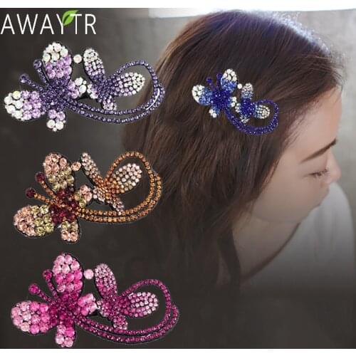 AWAYTR New Rhinestone Hairpins Barrettes Flower Butterfly Side Hair Clips For Women Ponytail Holder Hair Accessories Crystal