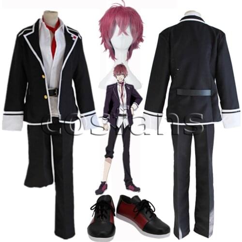 Diabolik Lovers Sakamaki Ayato Cosplay Costume School Uniforms Halloween Wear Outfit Shoes Sakamaki Ayato Dark Red Mix Short Wig