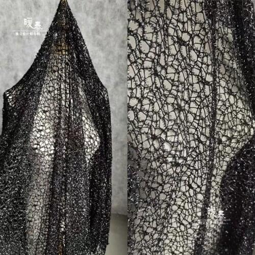 Big Hollow-out Mesh Fabric Bright Black Irregular DIY Patchwork Decor Coat Veil Skirt Gown Wedding Dress Lace Designer Fabric