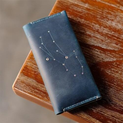 Couple Wallets Mens Purse Constellation Bags PULL-UP Leather Women Long Wallets Genuine Cow Leather Money Card Holder Gift