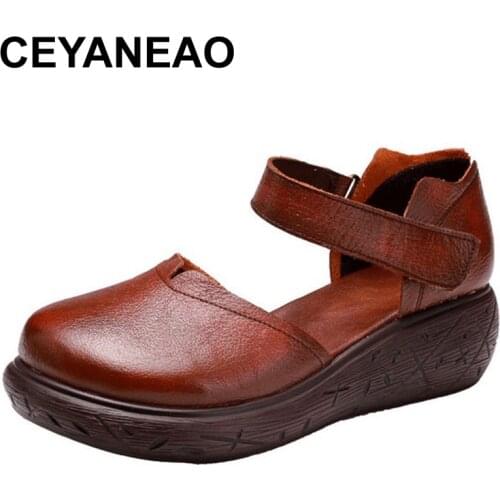 CEYANEAO Promotion round head genuine leather sandals classic comfort woman shoes wedge sandals 2020 famous summer shoes women