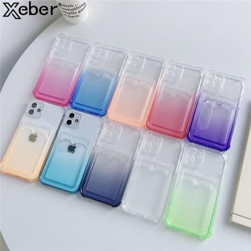 Gradient Colorful Transparent Shockproof Card Slot Case For iPhone 12 11 Pro Max XS X XR 7 8 Plus Mini SE Wallet Soft Back Cover