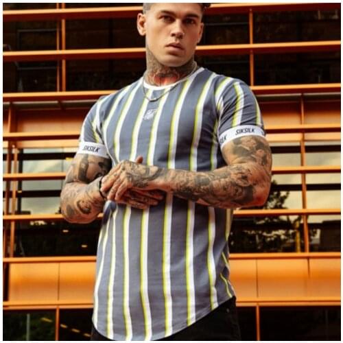 T Shirt for Men Stripped Tshirt Summer Men Clothing Streetwear Round Neck Shirt Fashion Sik Silk Print Short Sleeve T-shirts