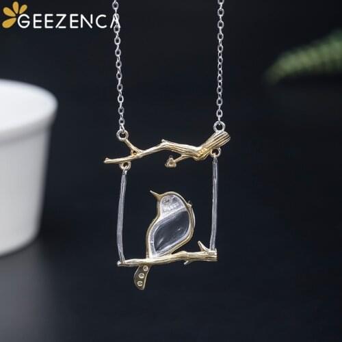 GEEZENCA S925 Silver Glaze Pendant Necklace Bird on the Plum Tree Branch Necklaces Ethnic Vintage Trendy Fine Jewelry Women Gift