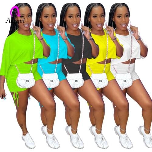 Fitness Women 2 Piece Set Solid Loose Crop Top + Drawstring Skinny Biker Shorts 2021 Summer Jogger Set Sporty Active Tracksuits