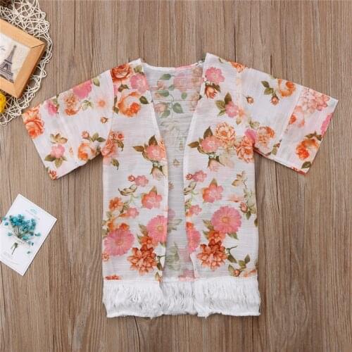 2018 Girls Beach Cover Up Baby Kid Girl New Floral Printed Summer Spring Thin Beach Wear Outdoor Clothes Coat Tassels Outfits