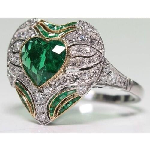 Popular Pure Silver Heart Green White CZ Crystal Engagement Wedding Love Ring Size 6-11
