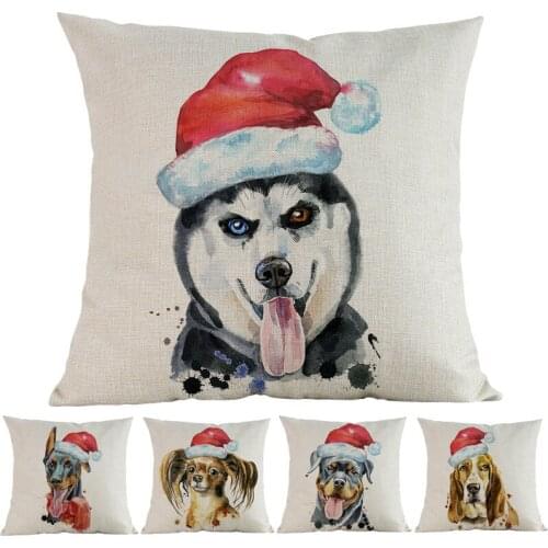 Wearing Christmas Hats Animals Dog Rottweiler Husky Doberman Basset Bull Terrier Pillow Case Home Sofa Decorative Cushion Cover
