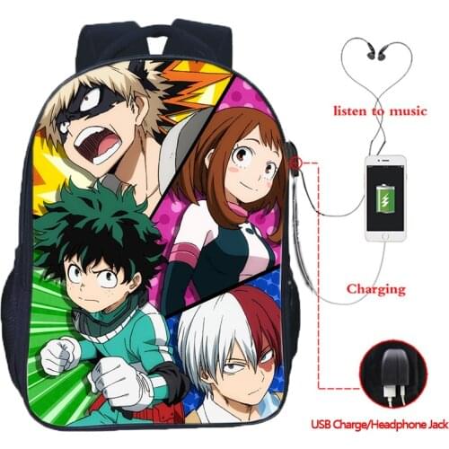 Boku No Hero Academia My Hero Academia USB Charging Backpack Double Pocket School Backpack Men Women Boys Girls Daily Backpack