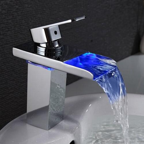 Basin Faucets LED Light Waterfall Basin Tap for Bathroom Torneira Led Chrome Finish Deck Mounted Sink Mixer Tap LH-16808