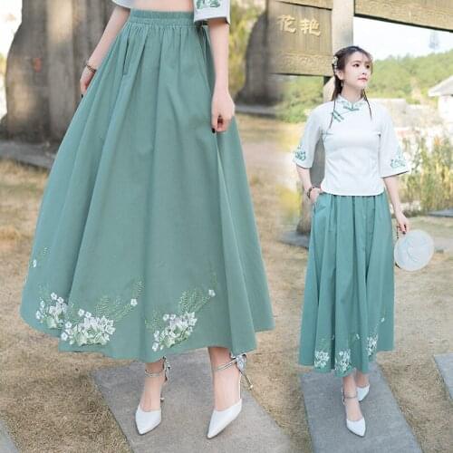 2021 Summer New Chinese Style Retro Embroidery Skirt Female Loose Large Size Elastic Waist Green Hanfu Long Skirts aq422