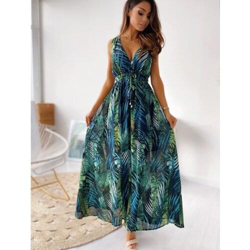 QINJOYER Women Bandage Maxi Dresses 2021 Summer V Neck Dresses Women Casual Print A Line Dress Women Party Dress Vestidos