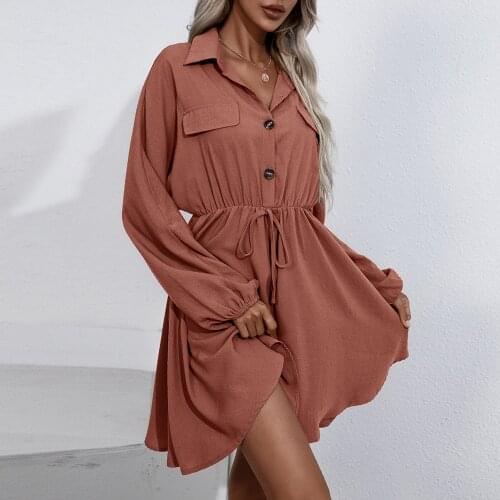 Women Dress Summer 2021 Elegant Long Sleeve A-Line Mini Dress Turn Down Collar Buttons High Waist Slim Casual Dresses Vestido