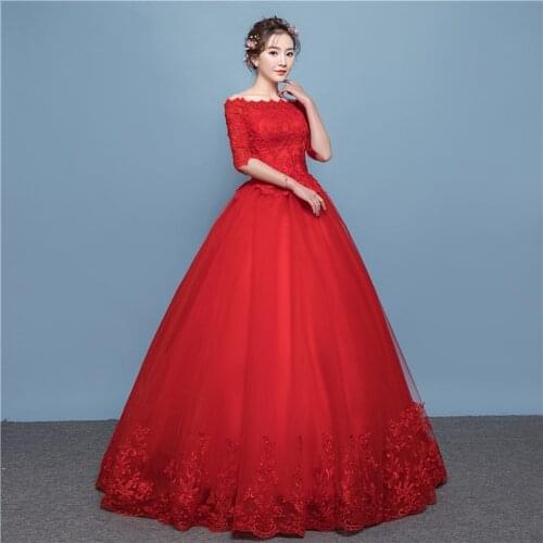 New Half Sleeves Boat Neck Wedding Dress Luxurious Embroidery Lace Up Pleat Floor-Length Plus Size Wedding Gowns For Women G158