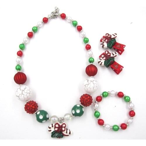 Winter Child Girl Cute Candy Canes Christmas Dress-Up Red Green Beaded Necklace Bracelet Hairpin Set Toy Gift To Child Kids 1Set