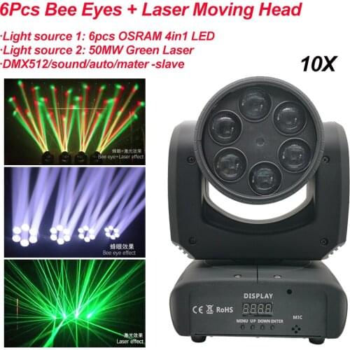 10Pcs/Lot Mini RGBW 4in1 LED 80W 6Pcs Bee Eyes and Laser Moving Head Light LED Strong Beam Lights For Party Disco DJ Lighting