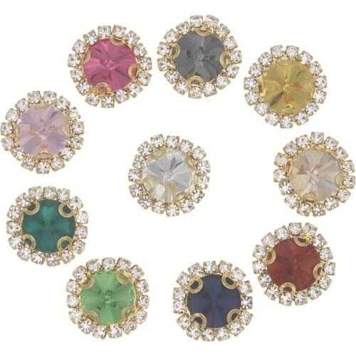 10pcs Rhinestone Button with Glass 16mm Round 4-hole Golden Metal Diamante Crafts For Wedding Decoration Sewing Clothing Botones