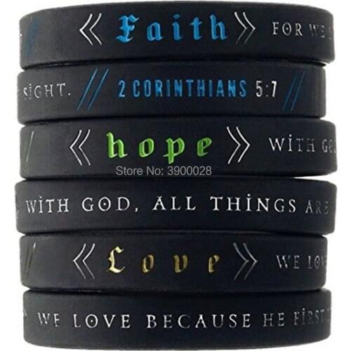 100pcs Power of Faith Bible Verse hope faith love John 419 Matthew 1926 Silicone Bracelet wristband Christian Religious Gifts