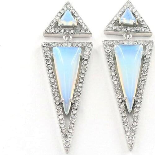 FYJS Unique Silver Plated Long Polygon Shape with Rhinestone Opalite Opal Stud Earrings for Christmas Gift