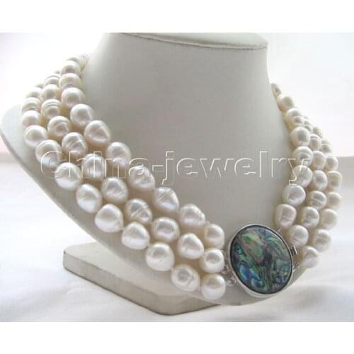 Hot sale A 3row17-19" 12-14mm natural white rice baroque freshwater pearl necklace a