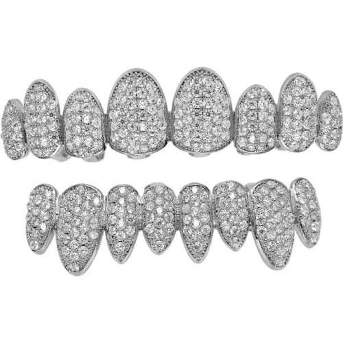Hip Hop Iced Out Teeth Grillz Pave CZ Stone Top & Bottom Grills Dental Mouth Punk Teeth Caps Cosplay Party Rapper Jewelry