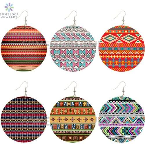SOMESOOR Classical African Tribal Fabric Headwrap Pattern Printed Wooden Drop Earrings Natural Bohemian Dangle For Women Gifts