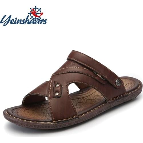 Summer Leather Sandals Men Outdoor Beach Sandals Comfortable Fashion Mens Breathable Rubber Flip Flops Shoes 2020 Large Sizes 46