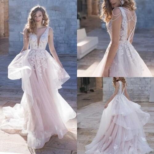 Blush Ruffles Boho Wedding Dress 2020 Lace Beach Wedding Gowns Deep V Neck Appliques Backless Pearls Vestido De Noiva