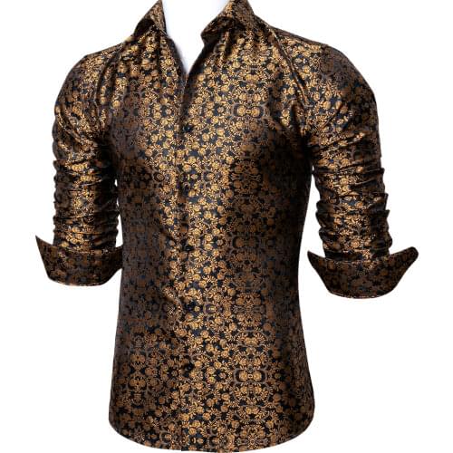New Luxury Gold Silk Shirt Men Vintage Long Sleeve Shirt Paisley Floral Spring Autumn Casual Fit-Dress Party Male Barry.Wang