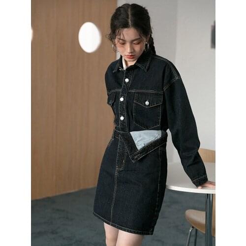 New 2020 Jeans Denim Skirt Set Elegant Women Suits Sequined Womens Costumes Soild Casual Jacket Coat + Skirt Women 2 Piece Sets