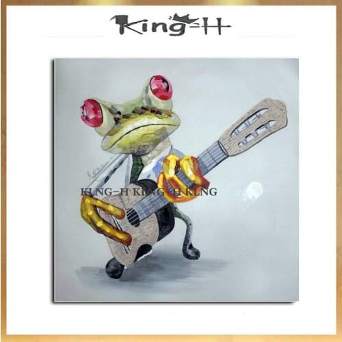Pintura abstracta pintada a mano de dibujos animados animales óleo pintura de la lona feliz Rana tocar guitarra pintura al óleo