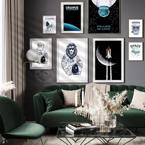 Lion Bruin Dog Astronaut Cartoon Poster, Universe Space Rocket Funny Canvas Painting, Falling In Lovr Fly To Space Wall Decor