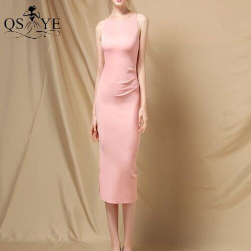 Scoop Neck Pink Prom Dress Side Split Evening Gown Stretch Ruched Girl Party Gown Sleeveless Sheath Formal Women Dress Casual