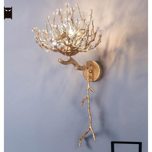 Handmade All Pure Bronze Copper Crystal Branches Bionic Flower Wall Lamp Fixtue Art Deco Luxury Sconce Light Living Room Bedroom