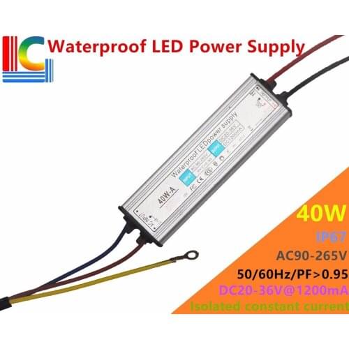 40W LED Driver DC 30V - 36V 1200MA IP67 Waterproof Power Supply 110V 220V Constant Current Lighting Transformer for Floodlight