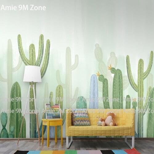 Tuya Art watercolor green cactus picture mural wall paper mural on the wall wholesale for living room bedroom wall decor
