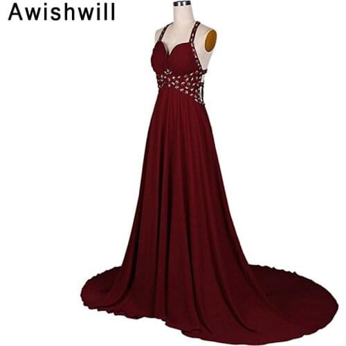 Vestido Social Sexy Open Back Long Train Beadings Chiffon Spaghetti Strap Burgundy Evening Dress Long Dress Party For Weddings