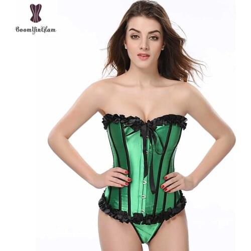 Green Satin Corset Sexy Bustier Overbust Lingries Women Lace Up Bustiers And Corsets Gothic Corset Top Plastic Bone Corselet
