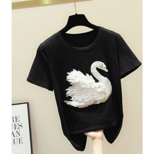 Korean version of the elegant black T-shirt diamond swan short-sleeved T-shirt womens cotton casual Modis T-shirt loose 2021 su