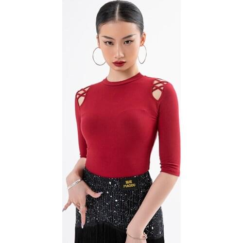 New Latin Dance Clothes For Women Sexy Hollow Out Shoulder Shirt Adult Latin Dancing Practice Wear Ballroom Dance Costume BL5759