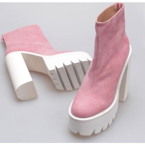 Winter Hot Women Wool Inside Genuine Leather Ankle Boots Platform Super Chunky Heels Martin Boots Zapatos Female Chelsea Botte