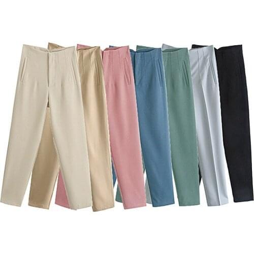 2021 Za Womens Pants Spring Trousers Suits High Waisted Pant Fashion Office Lady Beige Elegant Casual Famale Stright Pants