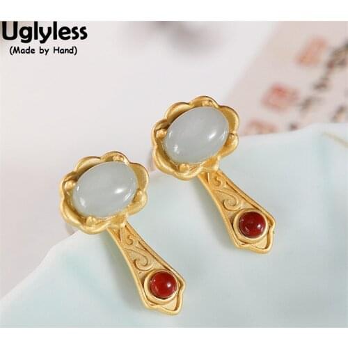 Uglyless China Chic RUYI Vintage Dress Studs Earrings for Women Oval Gemstones Agate Emerald Earrings Ethnic 925 Silver Jewelry